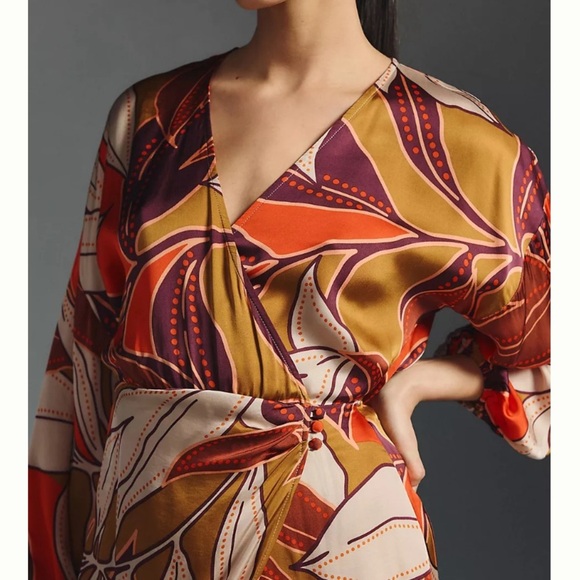 Anthropologie brown and orange floral print midi dress 20955 - Picture 2 of 15